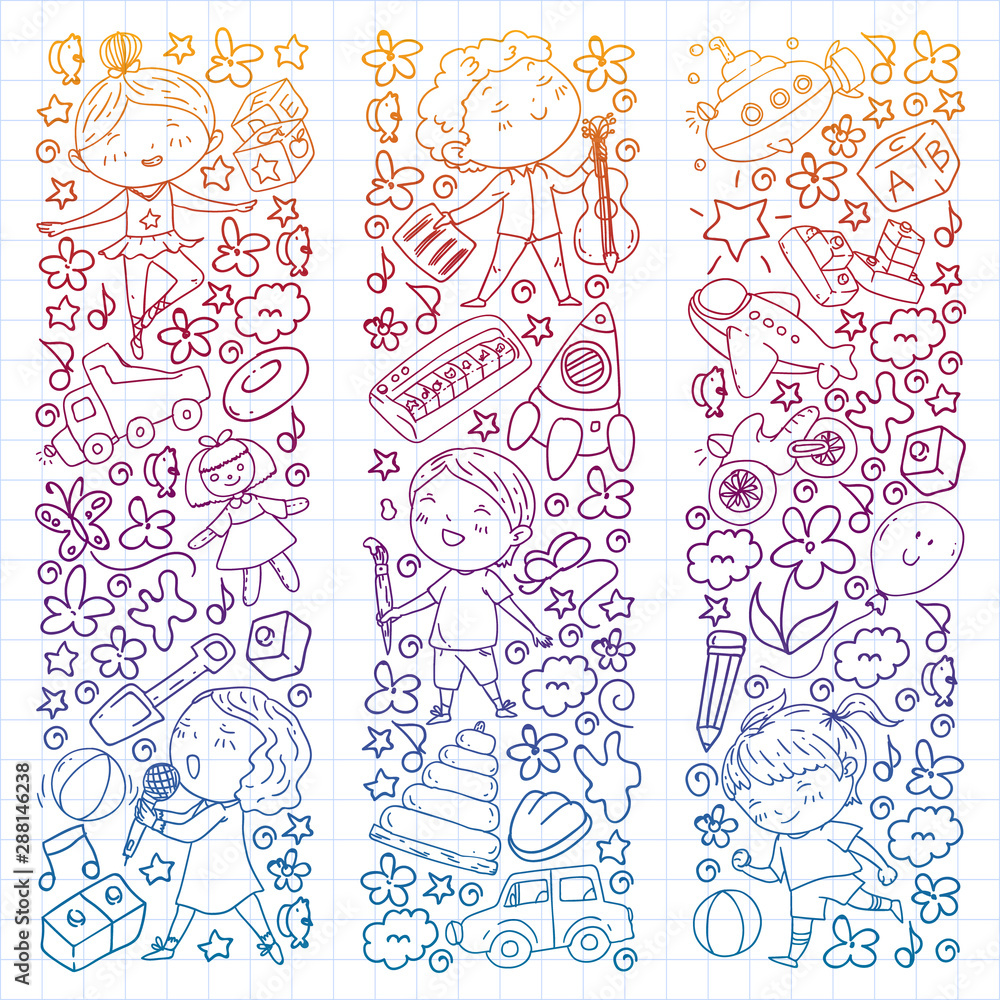 Painted by hand style pattern on the theme of childhood. Vector illustration for children design. Drawing on squared notebook in gradient style.