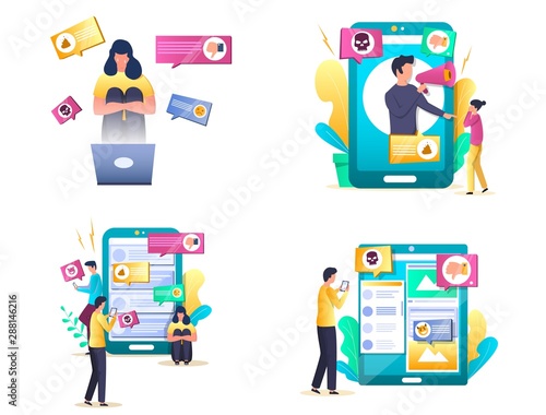 Internet trolling vector concept isolated illustration set
