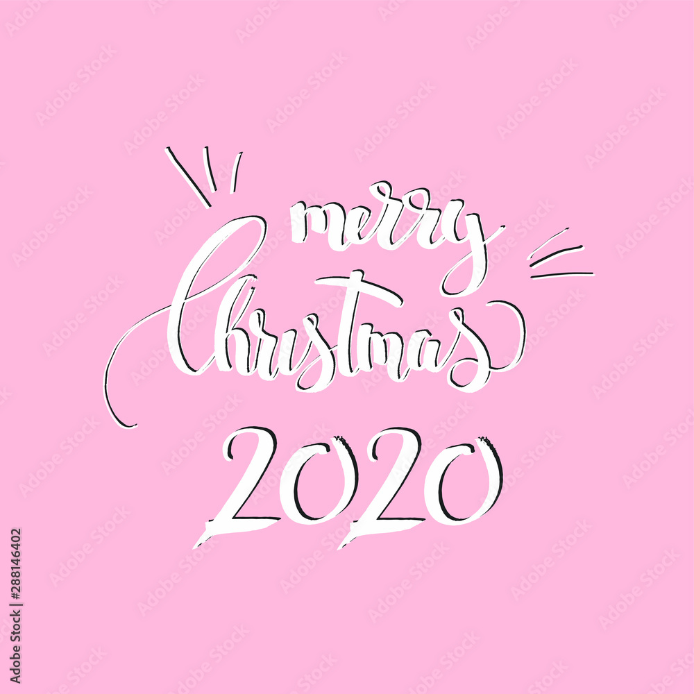  Merry Christmas 2020 lettering text on pink background. fir wreath frame.