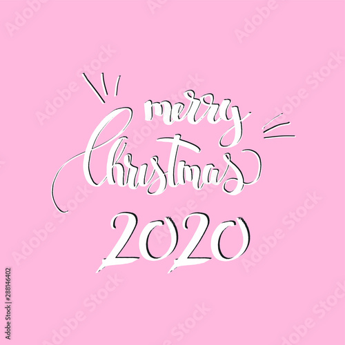  Merry Christmas 2020 lettering text on pink background. fir wreath frame.