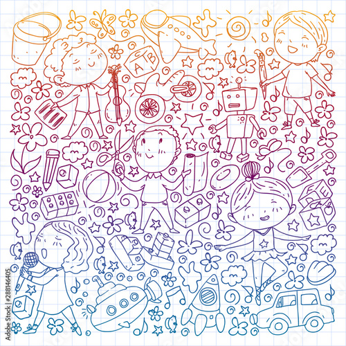 Painted by hand style pattern on the theme of childhood. Vector illustration for children design. Drawing on squared notebook in gradient style.