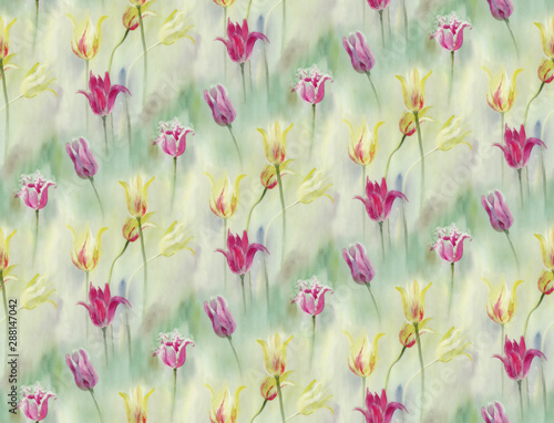 Seamless pattern: yellow-pinck and purple tulips 3