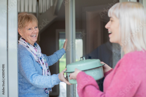 Younger Woman Bringing Meal For Elderly Neighbour At Home