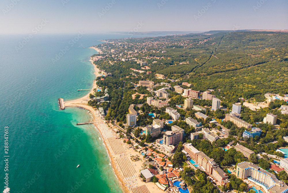Panoramic view on Varna beach on Black sea in Bulgaria. 2019 - obrazy, fototapety, plakaty 