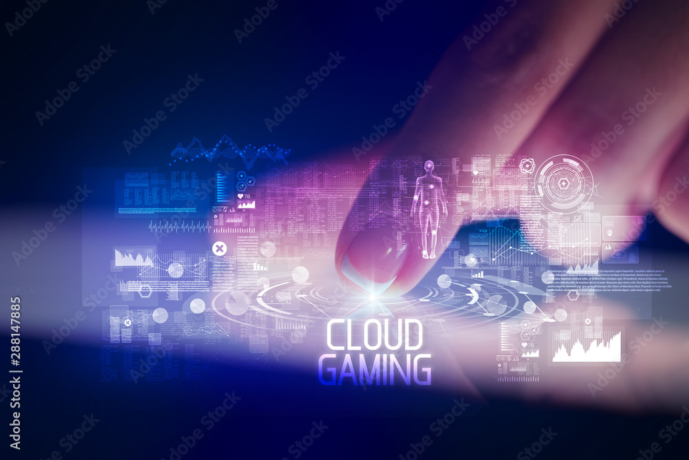 Finger touching tablet with web technology icons and CLOUD GAMING inscription