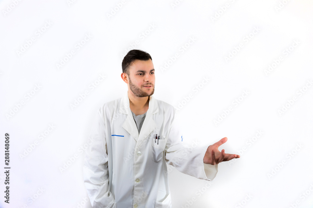 Young male doctor with beard engaging in conversation isolated on white background Young male doctor with beard engaging in conversation isolated on white background