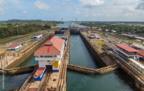 Ship at the entrance to the locks of the Panama Canal photo