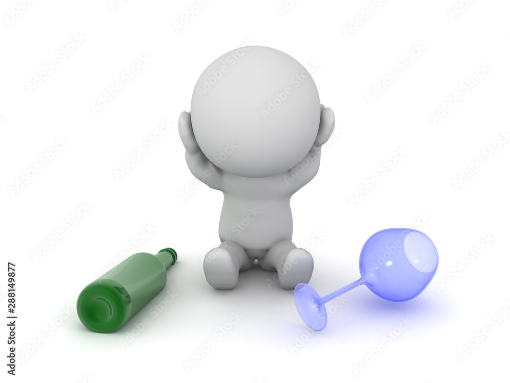 3D Character is stressed next to wine glass 3D Character is stressed next to wine glass