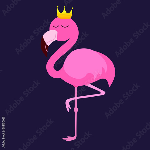 Cute flamingo, golden crown, vector illustration