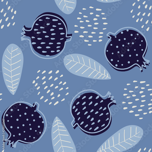 Abstract seamless pattern with stylized cartoon garnets. Design in blue colors with garnets and leafs. Seamless pattern with fruits in scandinavian style. Great for fabric, textile, wallpaper