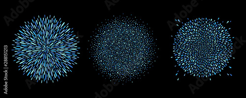 Round backgrounds set, collection. Sphere shape, circle made of drops, droplets, uneven dots, paint splashes, specks, tiny spots, water blobs. Radial templates for borders, frames, design elements. 