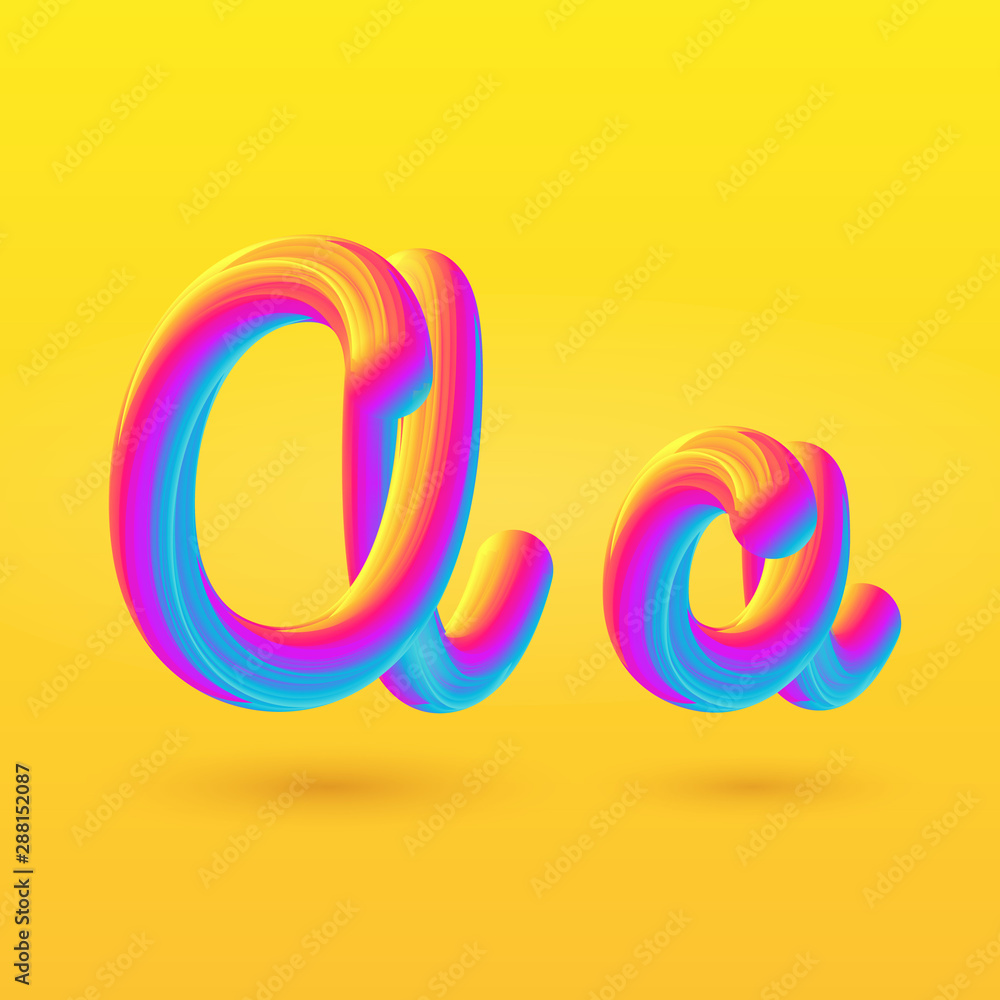 Letter A 3D vector. Liquid gradient shape on yellow background. Colorful hand drawn alphabet for branding, logo, a set of words. Festive typography, childrens alphabet, uppercase letters Letter A 3D vector. Liquid gradient shape on yellow background. Colorful hand drawn alphabet for branding, logo, a set of words. Festive typography, childrens alphabet, uppercase letters