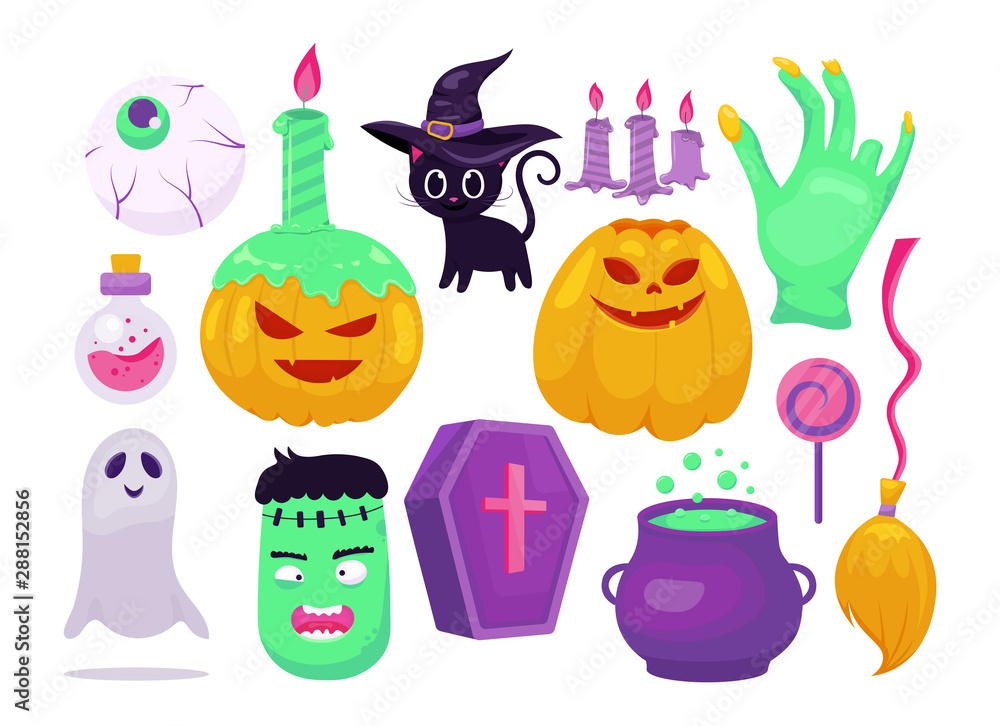 Set of halloweeen stickers, badges, scrapbooking elements, party. Cute Smiling and funny cartoon characters: pumpkin, ghost, cat, zombie, pot, candy, grave, ghost