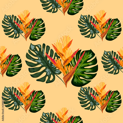 Summer jungle pattern with tropical flowers heliconia or lobster-claw background.