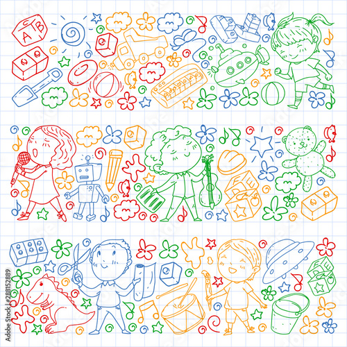 Painted by hand style pattern on the theme of childhood. Vector illustration for children design. Colorful drawing by pen on squared notebook