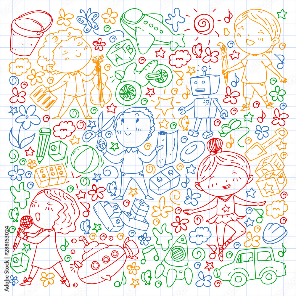 Painted by hand style pattern on the theme of childhood. Vector illustration for children design. Colorful drawing by pen on squared notebook