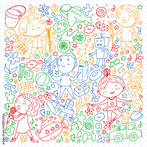 Painted by hand style pattern on the theme of childhood. Vector illustration for children design. Colorful drawing by pen on squared notebook