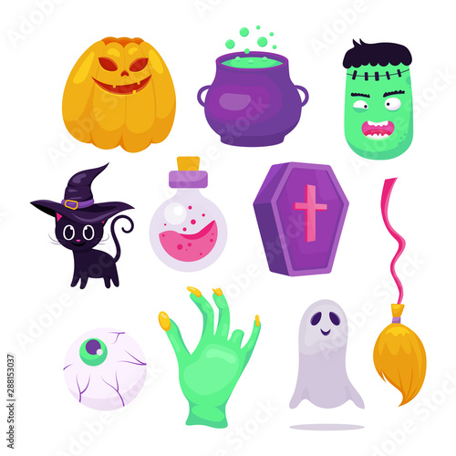 Set of halloweeen stickers, badges, scrapbooking elements, party. Cute Smiling and funny cartoon characters: pumpkin, ghost, cat, zombie