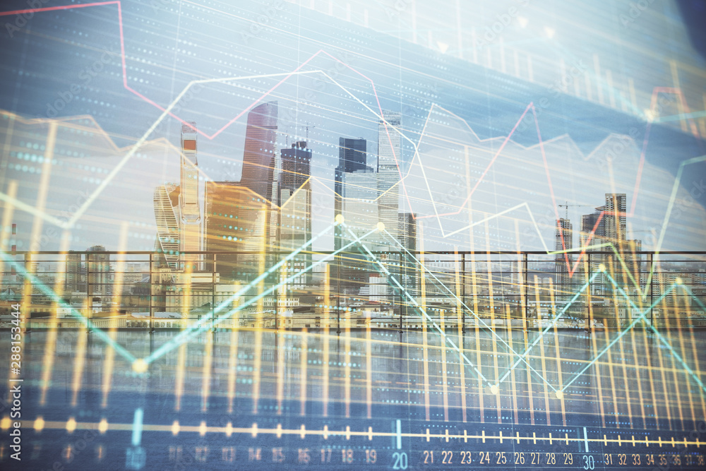 Forex graph hologram with city view from roof background. Double exposure. Stock market concept. Forex graph hologram with city view from roof background. Double exposure. Stock market concept.