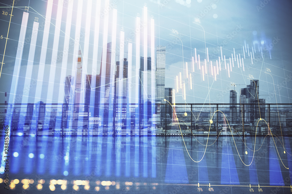 Forex graph hologram with city view from roof background. Double exposure. Stock market concept. Forex graph hologram with city view from roof background. Double exposure. Stock market concept.
