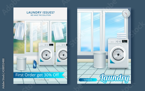 Washing machine on abstract vector flyer. Brochure design template