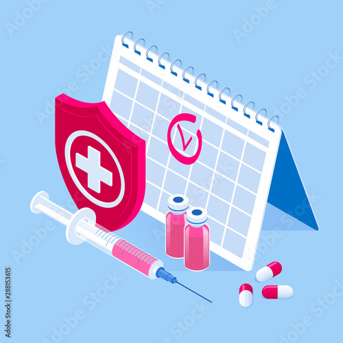Isometric Time to vaccinate concept. Vaccine for influenza, measles, diphtheria, or rabies. Syringe with a vaccination calendar and doctors, bottle, and virus.