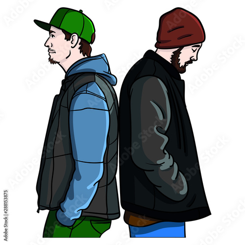 Two cool hip hoppers, backs with jackets and hoody and caps from the side. rapper, fashion, youthful.