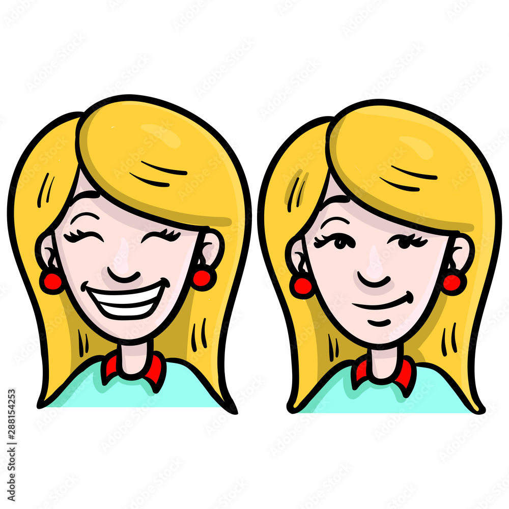 Since a friendly blond businesswoman with red earrings and blue shirt. avatar, upper body. Since a friendly blond businesswoman with red earrings and blue shirt. avatar, upper body.