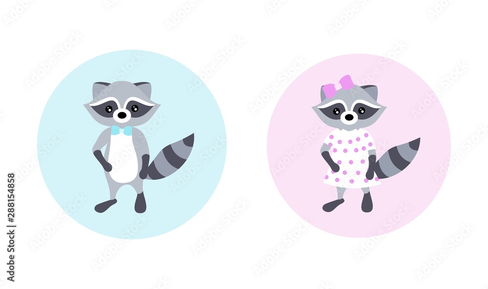 Obraz premium Set of vector illustrations with cute raccoons. Children's illustration. Boy and girl. Posters to the nursery. Design element for children's textiles, notebooks, posters, cards and other uses.
