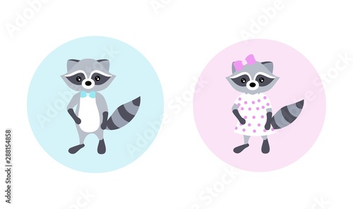 Set of vector illustrations with cute raccoons. Children s illustration. Boy and girl. Posters to the nursery. Design element for children s textiles  notebooks  posters  cards and other uses.