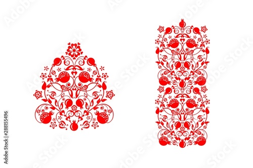 Beautiful floral ethnic red decorative ornamental print, seamless border with abstract pomegranate tree, fruit and flowers for greeting card, wedding invitation, embroidery, fashion design on white ba
