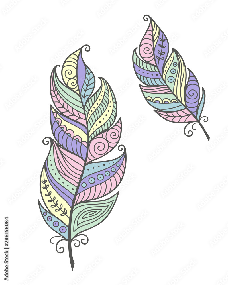Set of ethnic bird feathers in boho style. Boho collection pastel colors vector hand drawn, tribal gipsy concept. Doodles illustration. Set of ethnic bird feathers in boho style. Boho collection pastel colors vector hand drawn, tribal gipsy concept. Doodles illustration.
