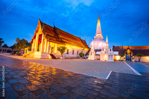 Wat Phra Mahathat Woramahawihan with cloudy sky at Nakhon Si Thammarat in Thailand.