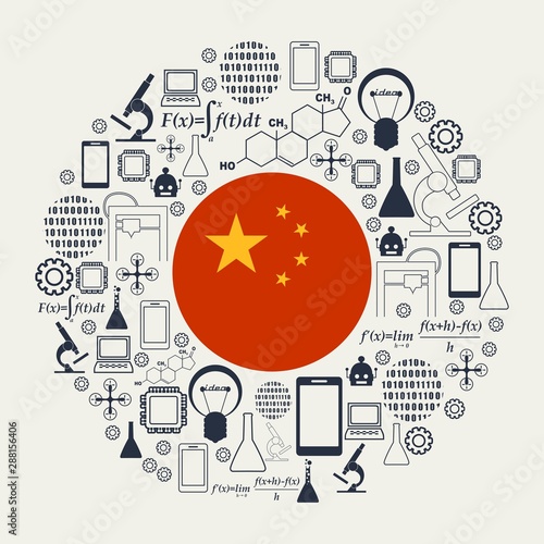 Innovation and technology concept. Circle frame with thin line icons. Flag of the China