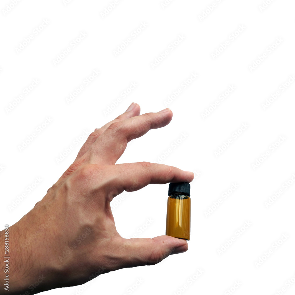 Hand with brown glass bottle on white background, mocap Hand with brown glass bottle on white background, mocap
