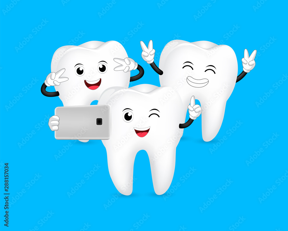 Cute cartoon tooth character taking selfie. take a photo with mobile phone. Dental care concept. Illustration isolated on blue background. Cute cartoon tooth character taking selfie. take a photo with mobile phone. Dental care concept. Illustration isolated on blue background.