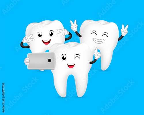 Cute cartoon tooth character taking selfie. take a photo with mobile phone. Dental care concept. Illustration isolated on blue background.