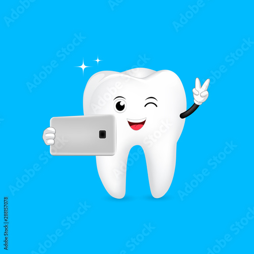 Cute cartoon tooth character taking selfie. take a photo with mobile phone. Dental care concept. Illustration isolated on blue background.