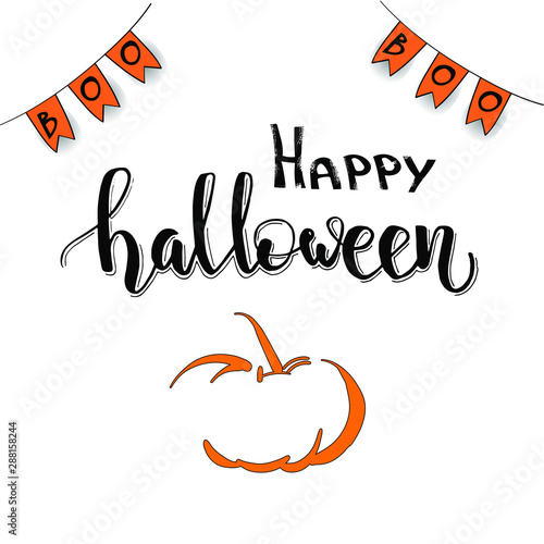 Halloween greeting card. Lettering text on creepy background. Pumpkin and bats.