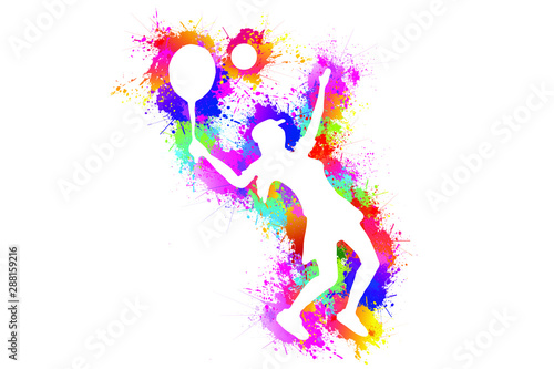 Fototapeta Naklejka Na Ścianę i Meble -  Sports. Tennis logo design. Colorful paint drops ink splashes. Icon, Exercise, Symbol, Silhouette. Vector illustration.