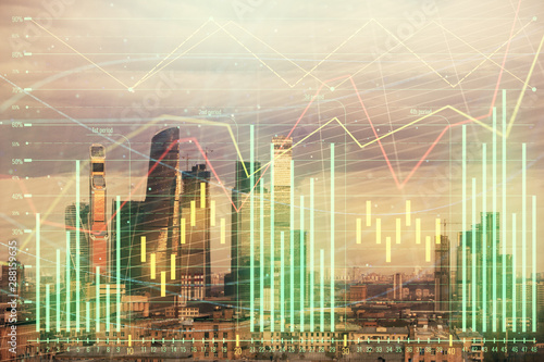 Double exposure of financial graph on downtown veiw background. Concept of stock market research and analysis