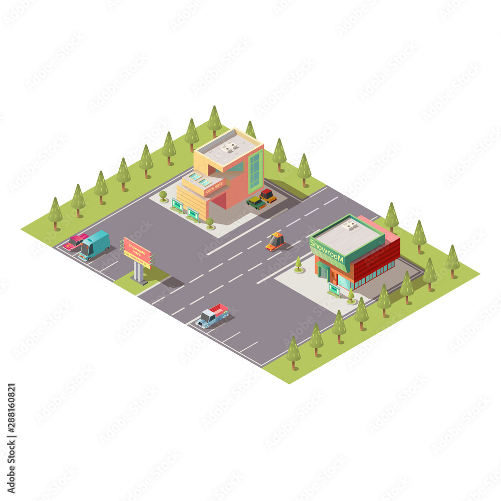 New car selling dealership center, automobile salon, vehicle store showroom buildings with car going on road, parked on parking area isolated isometric vector. City commercial real estate illustration