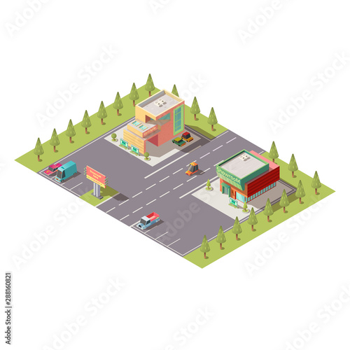 New car selling dealership center, automobile salon, vehicle store showroom buildings with car going on road, parked on parking area isolated isometric vector. City commercial real estate illustration