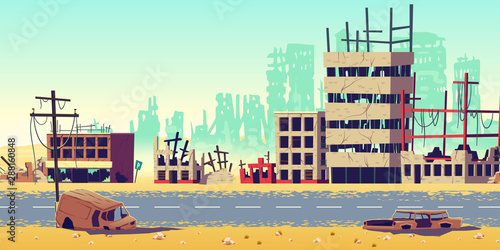 Destruction in war zone, natural disaster or cataclysm consequences, post-apocalyptic world cartoon vector concept. City ruins with destroyed, abandoned buildings, burned cars on streets illustration