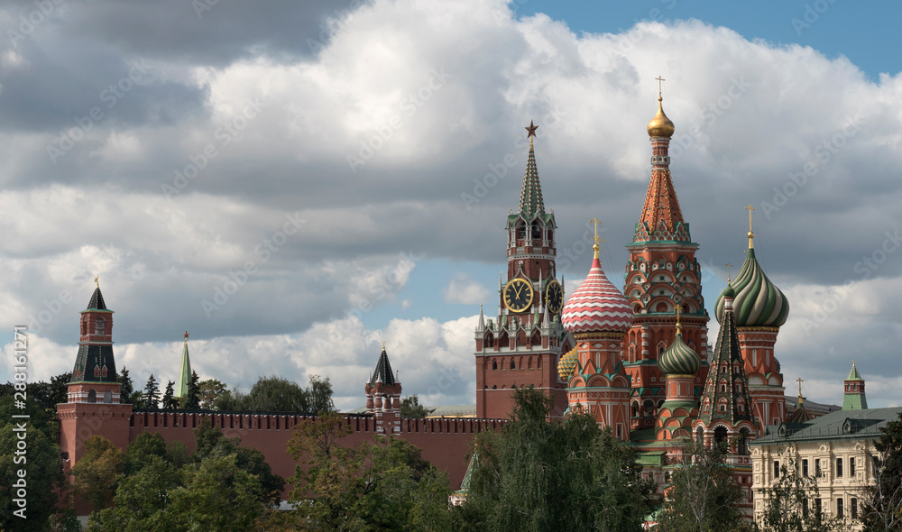 Moscow Russia View on Kremlin Towers and St. Basil Cathedral. Moscow Russia View on Kremlin Towers and St. Basil Cathedral.