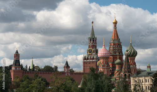Moscow Russia View on Kremlin Towers and St. Basil Cathedral.