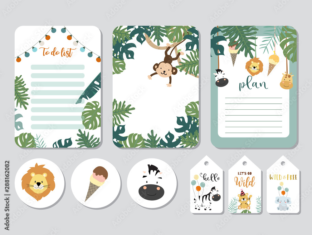Pastel printable with fox,giraffe,zebra,lion,ice cream in safari style.with wording wild and free, birthday, party