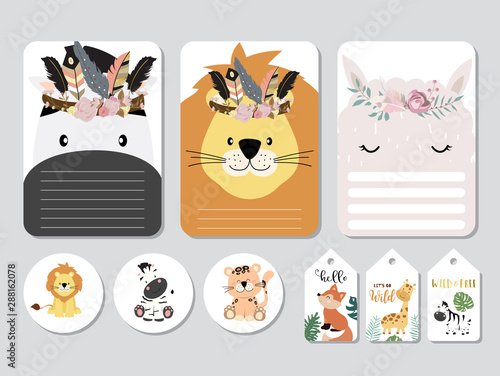 Pastel printable with fox,giraffe,zebra,lion,llama in safari style.with wording wild and free, birthday, party