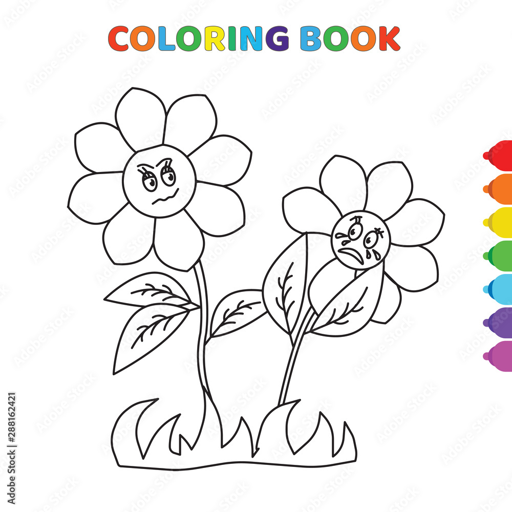 cute cartoon two happy sunflower flowers coloring book for kids. black and  white vector illustration for coloring book. two happy sunflower flowers  concept hand drawn illustration Stock Vector | Adobe Stock