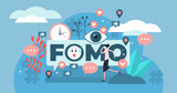 FOMO vector illustration. Tiny fear of missing out anxiety persons concept.